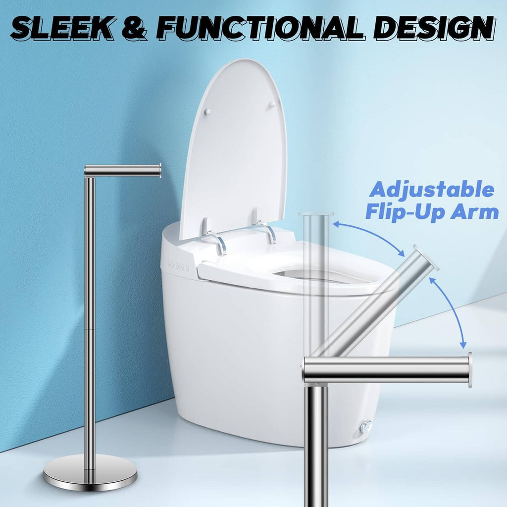 Toilet paper holder stand with adjustable flip-up arm and chrome support pole