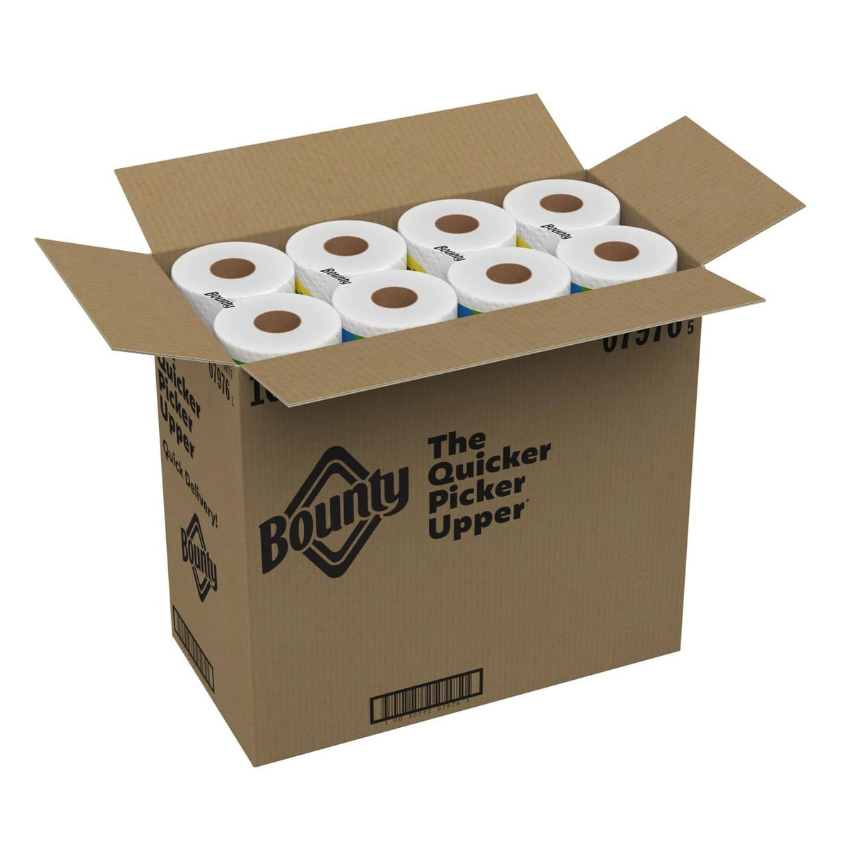 Bounty Quick Size paper towel rolls in a cardboard box, white sheets