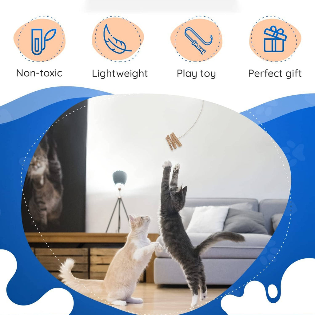 Cats playing with lightweight spring wire toy and paper rolls attachment indoors