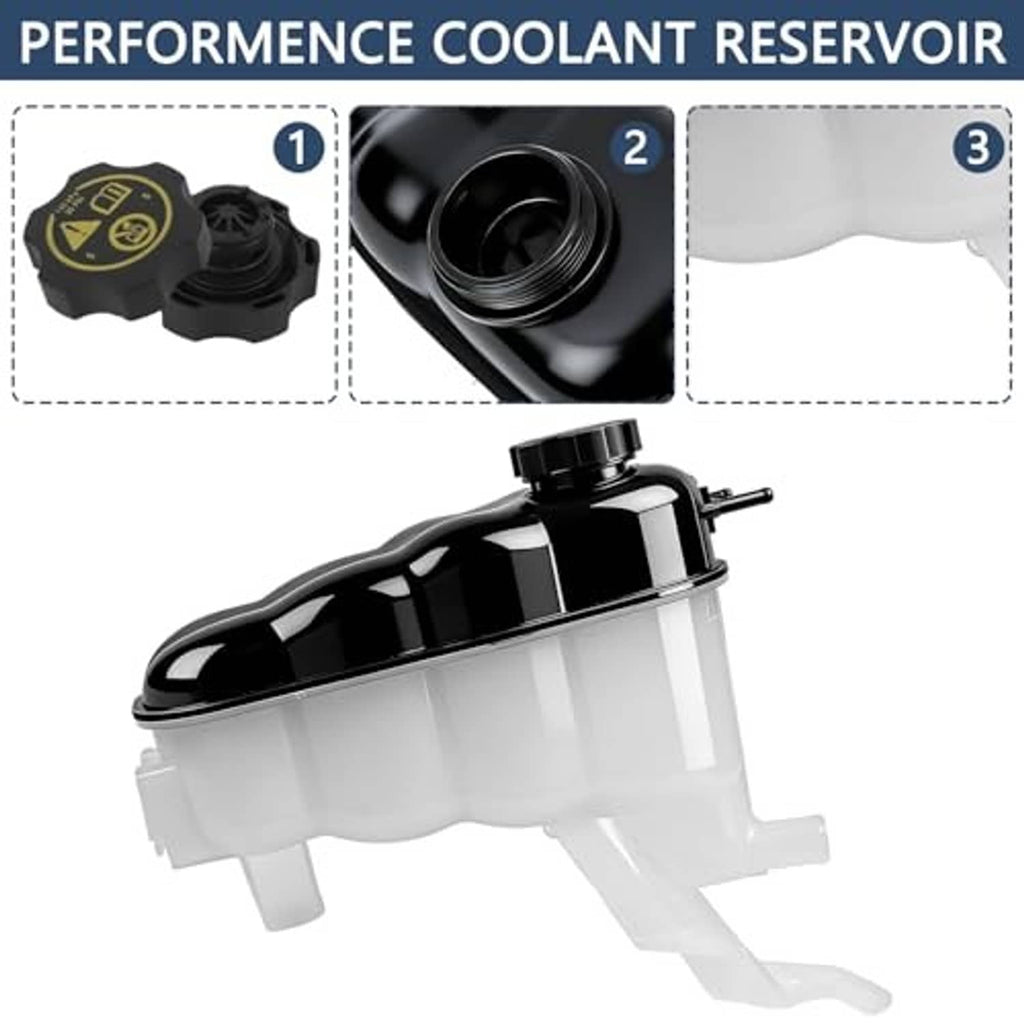 Coolant reservoir tank with black cap, translucent canister, and side hose fittings
