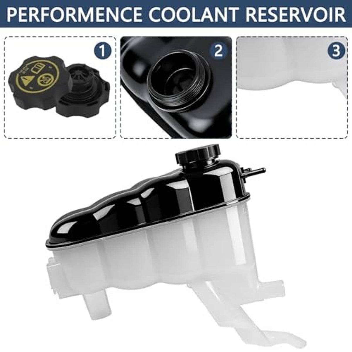Coolant reservoir tank with black cap, translucent canister, and side hose fittings