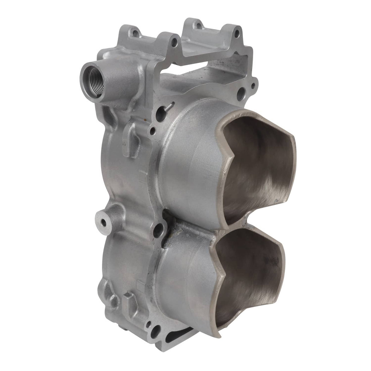 Aluminum engine cylinder case with two piston-cylinder openings and side port