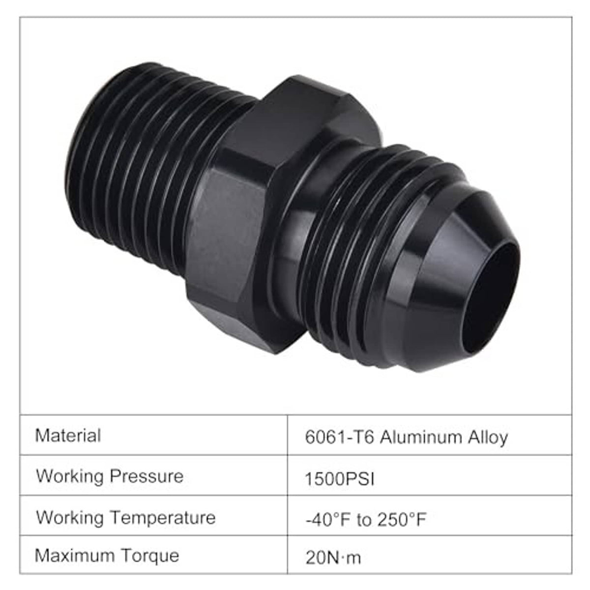 Black straight pipe adapter fitting with hex nut ends and dual threaded sections