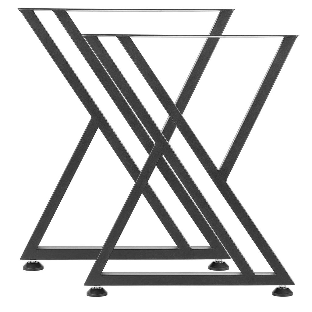 Black steel X-frame table legs set with cross-brace metal bars and foot pads