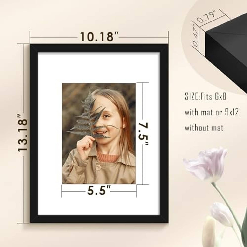 Black photo frame with inner mat opening and portrait photo, size diagram shown
