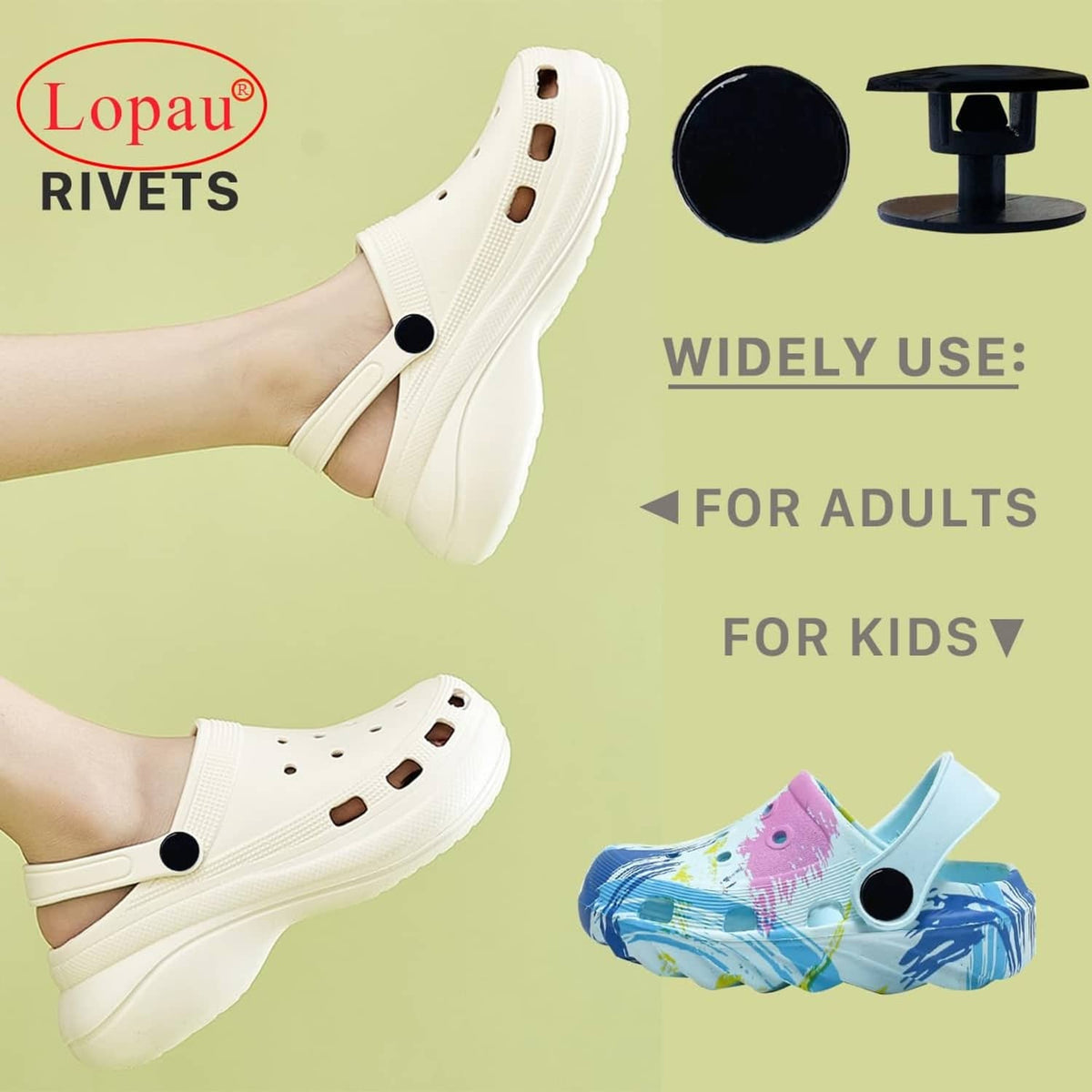 Black replacement rivet strap buttons and caps on a white Croc-style clog