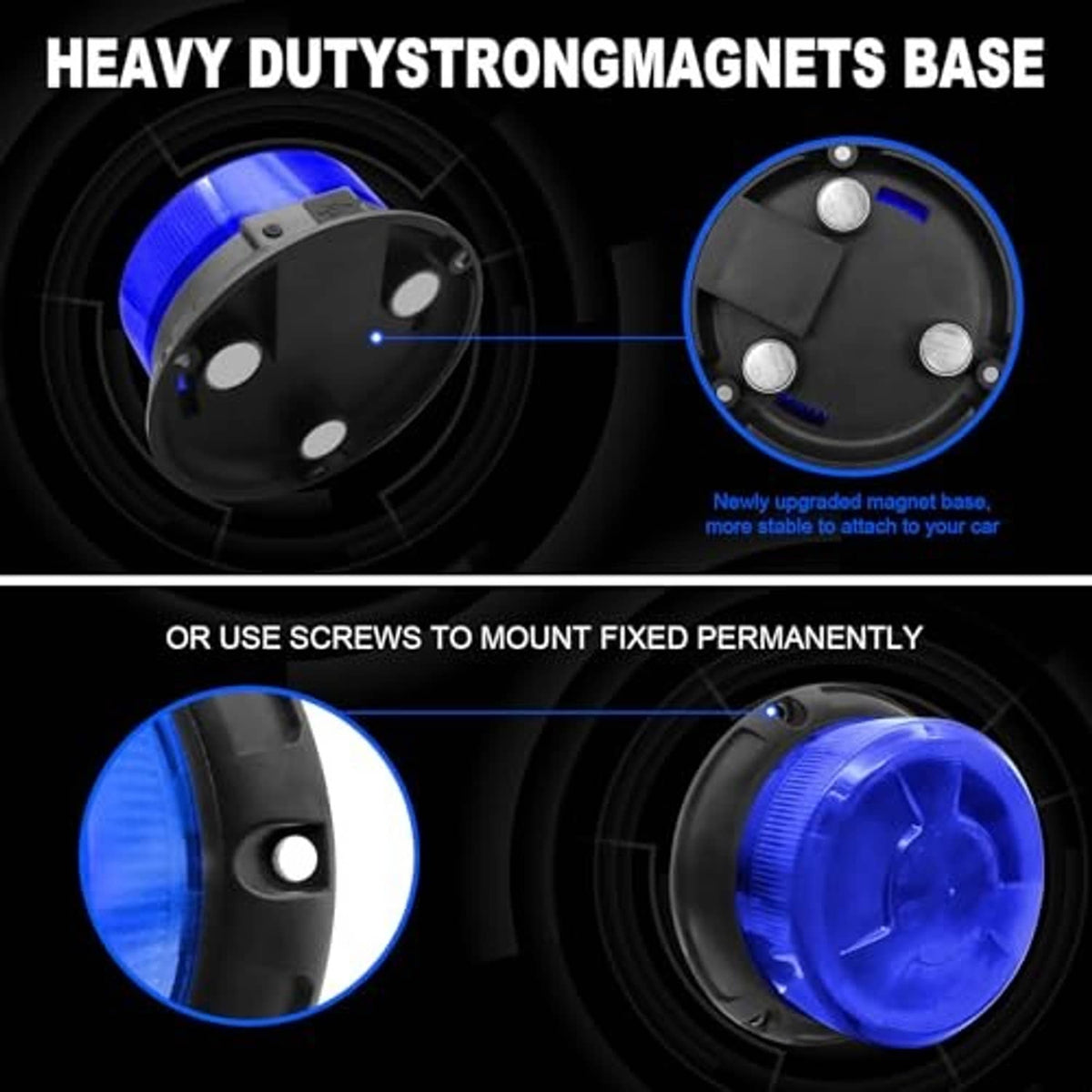 Blue beacon light with heavy-duty magnet base and screw-mount option