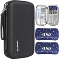 Black zippered insulin cooler travel case with wrist strap and two blue ice packs.