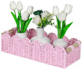 Pink paper rope gift basket with scalloped rim, tulip-style bouquet, and two side handles