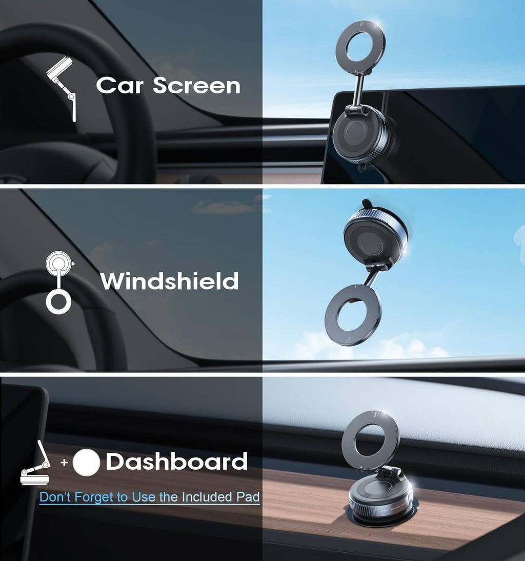 Black suction mount magnetic phone holder with circular ring for dashboard or windshield