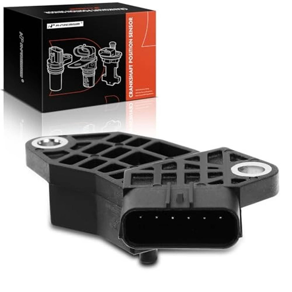 Crankshaft position sensor with black multi-pin connector and mounting bracket, front 3/4 view