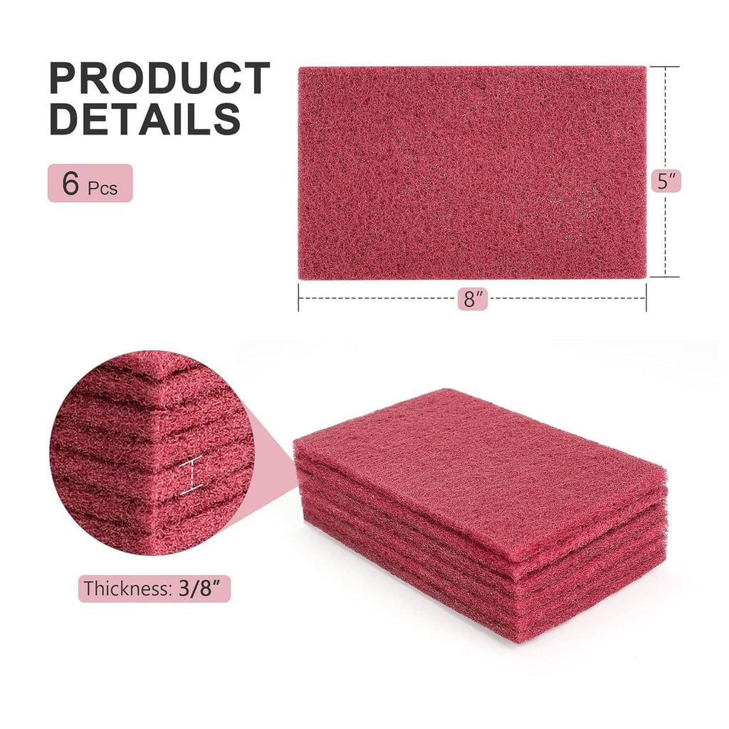 Maroon scuff pad stack with size marks: 5 in x 8 in, about 3/8 in thick.