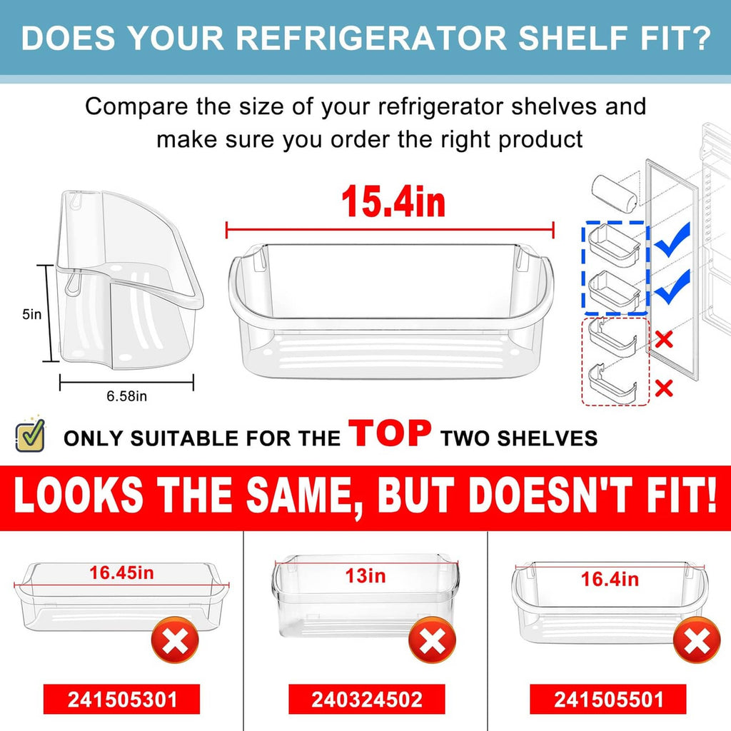 Clear refrigerator door bin with size indicator for 15.4 in installation.