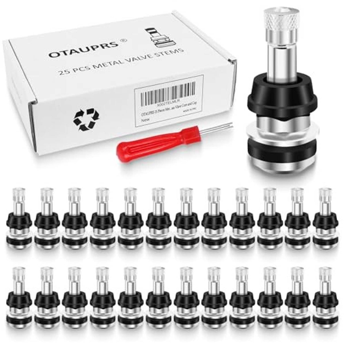 Metal valve stem set with black-and-silver clamp base, boxed with a red install tool