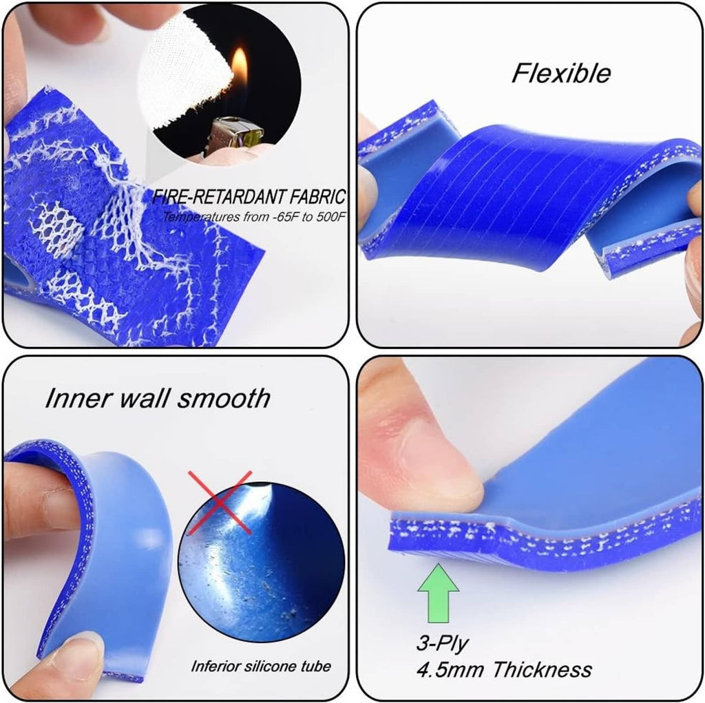 Blue silicone radiator hose pieces with smooth inner walls and visible hose thickness
