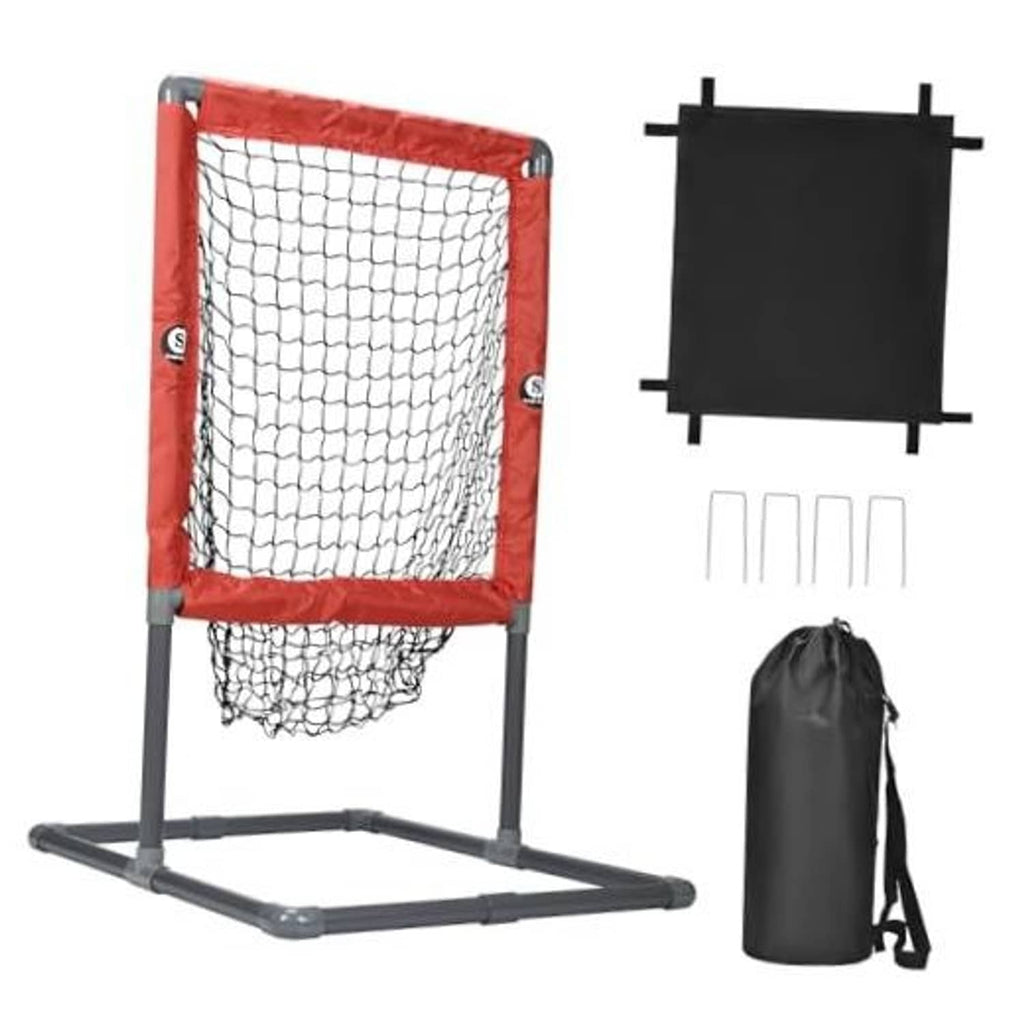 Red and black baseball strike zone net with white mesh panel and foldable frame