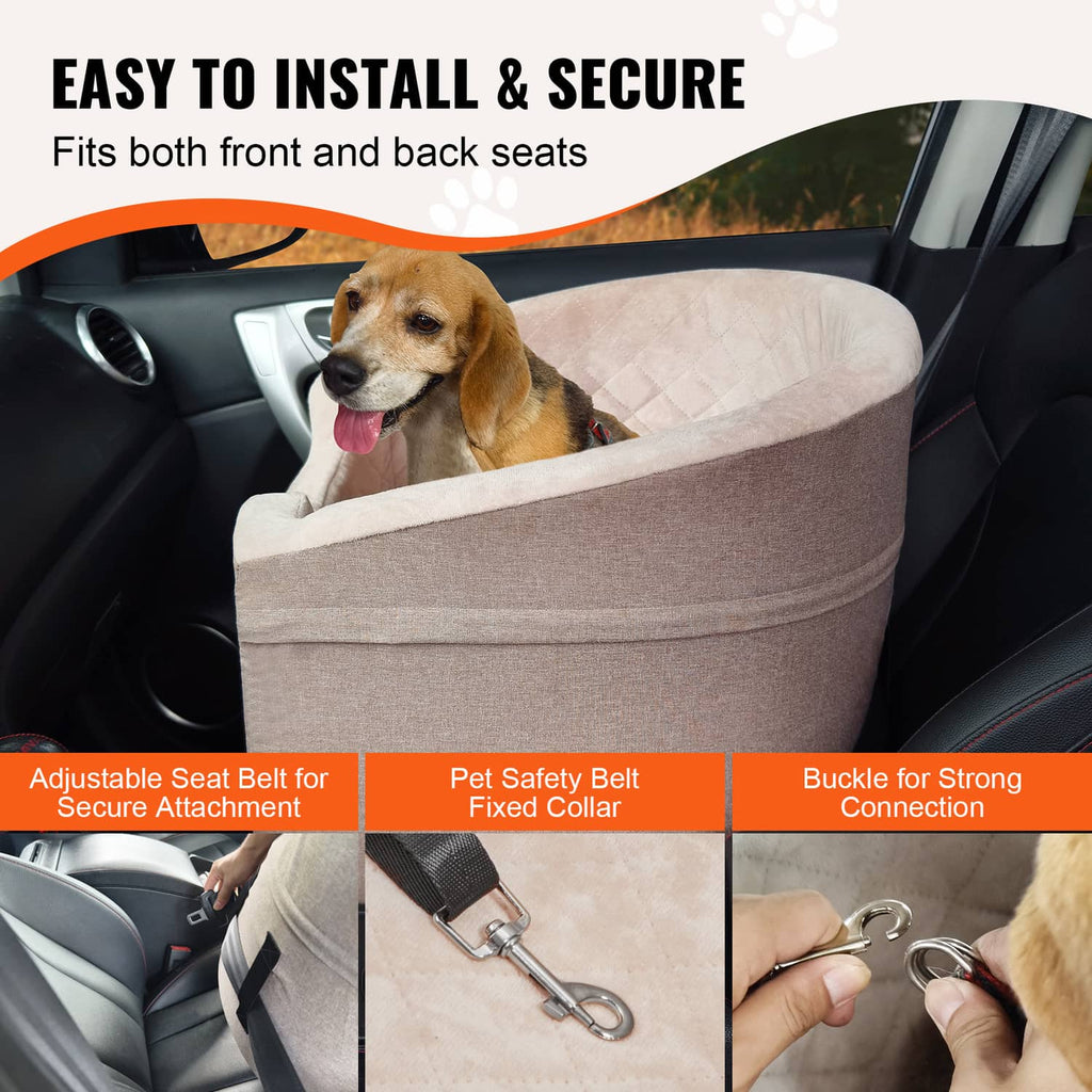 Brown pet booster car seat with adjustable seat belt attachment and safety buckle