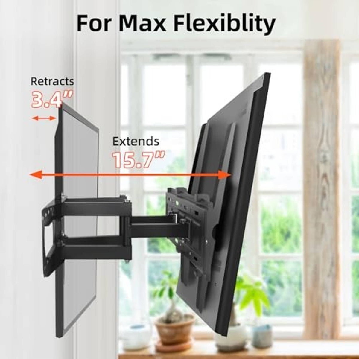TV wall mount bracket with adjustable extension and retract motion for space saving