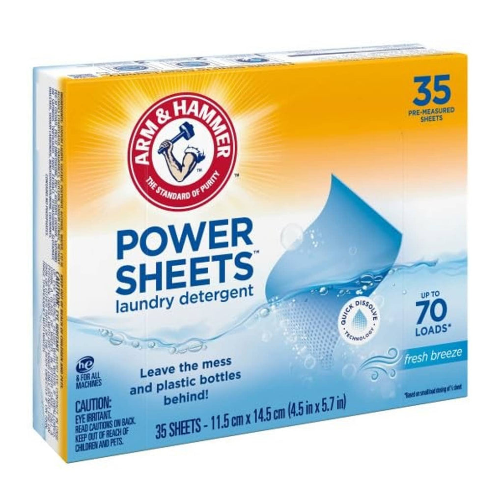 Arm & Hammer detergent sheets box side view, Fresh breeze, up to 70 loads