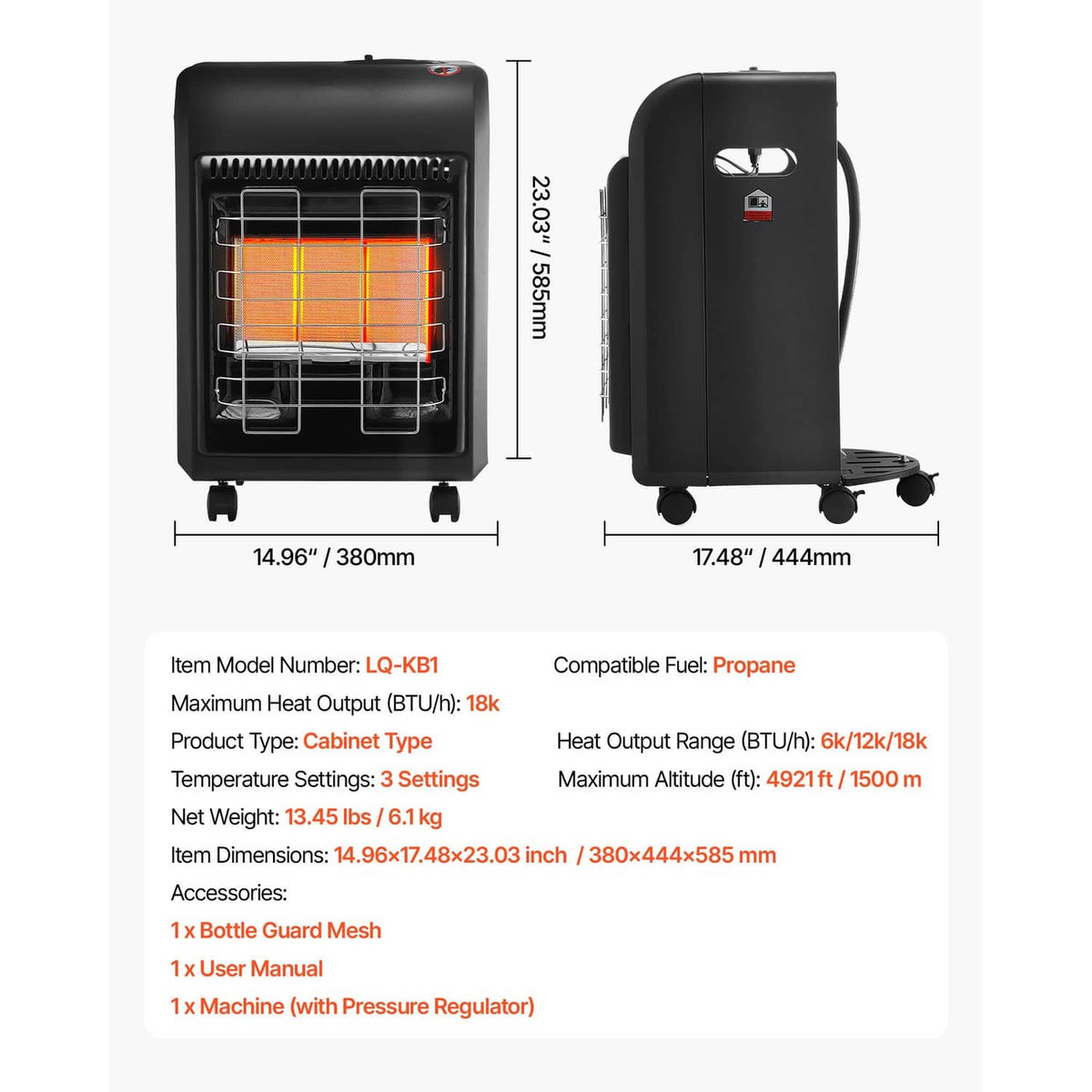 Black propane heater size diagram showing front and side views on casters