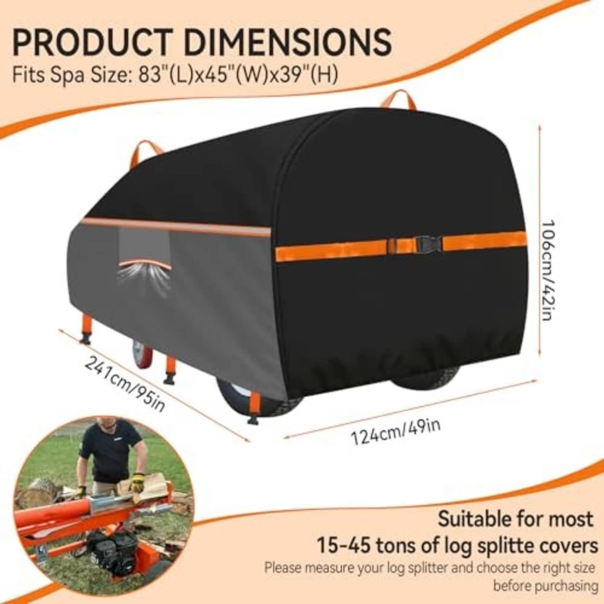 Log splitter cover with orange stripe and fitted curved top