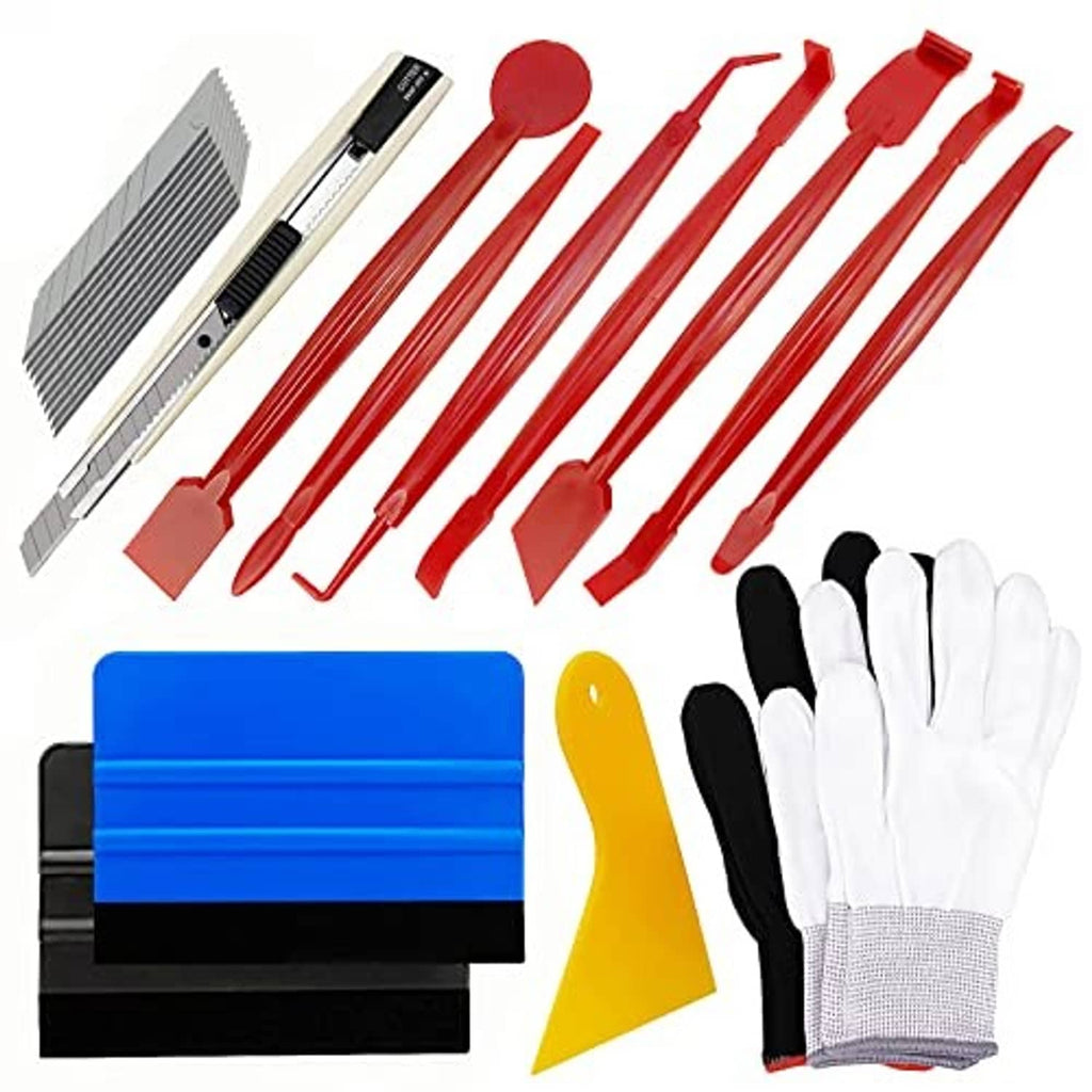 Vinyl wrap tool set with red edge tools, blue felt squeegee blocks, yellow triangle tool, gloves