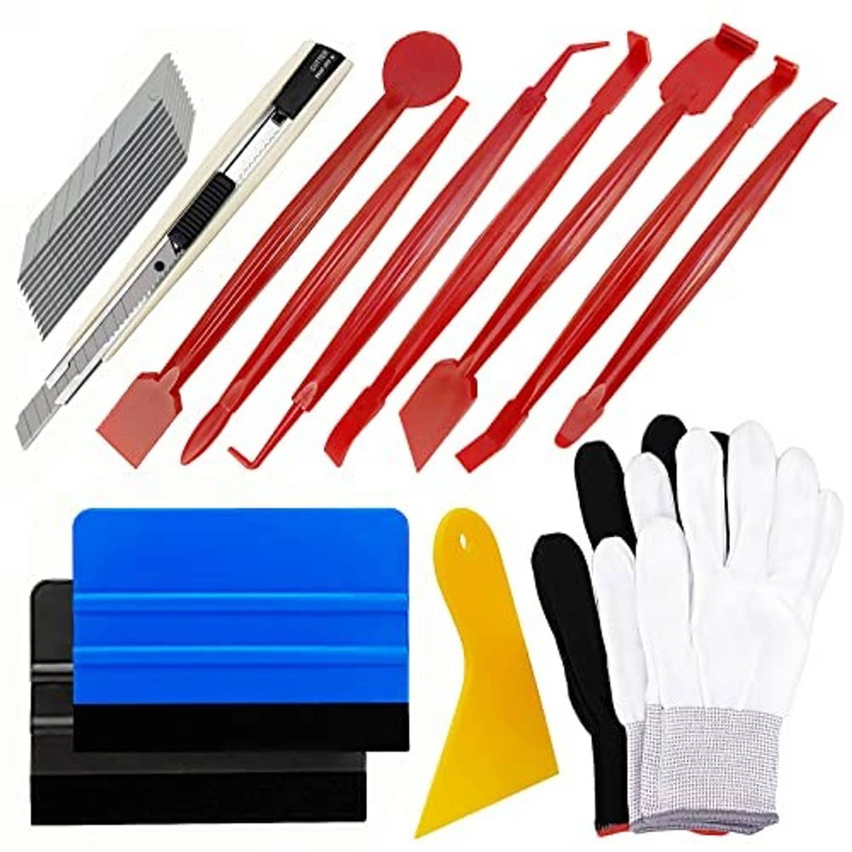 Vinyl wrap tool set with red edge tools, blue felt squeegee blocks, yellow triangle tool, gloves