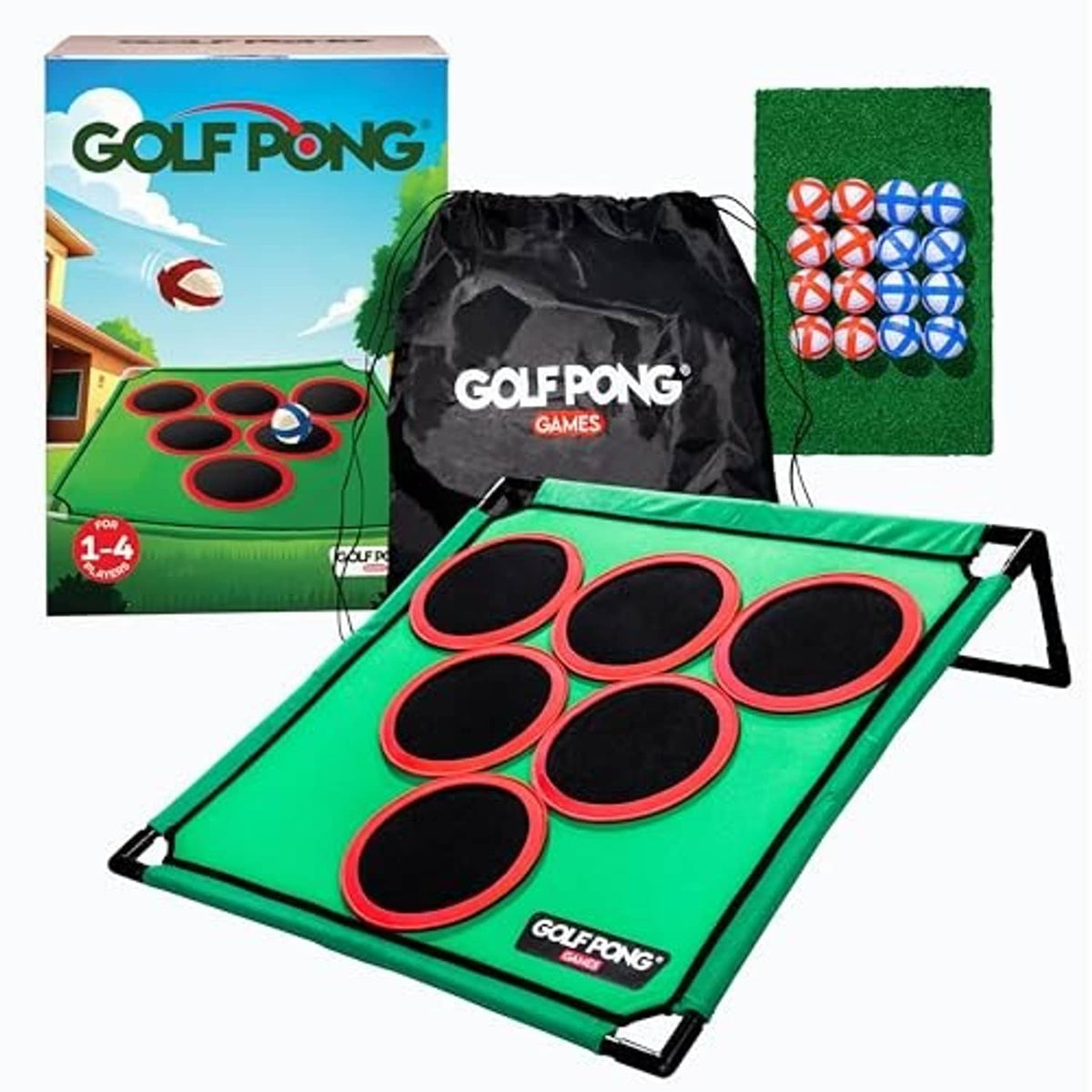 Green golf pong target mat board with red ring holes and a drawstring travel bag