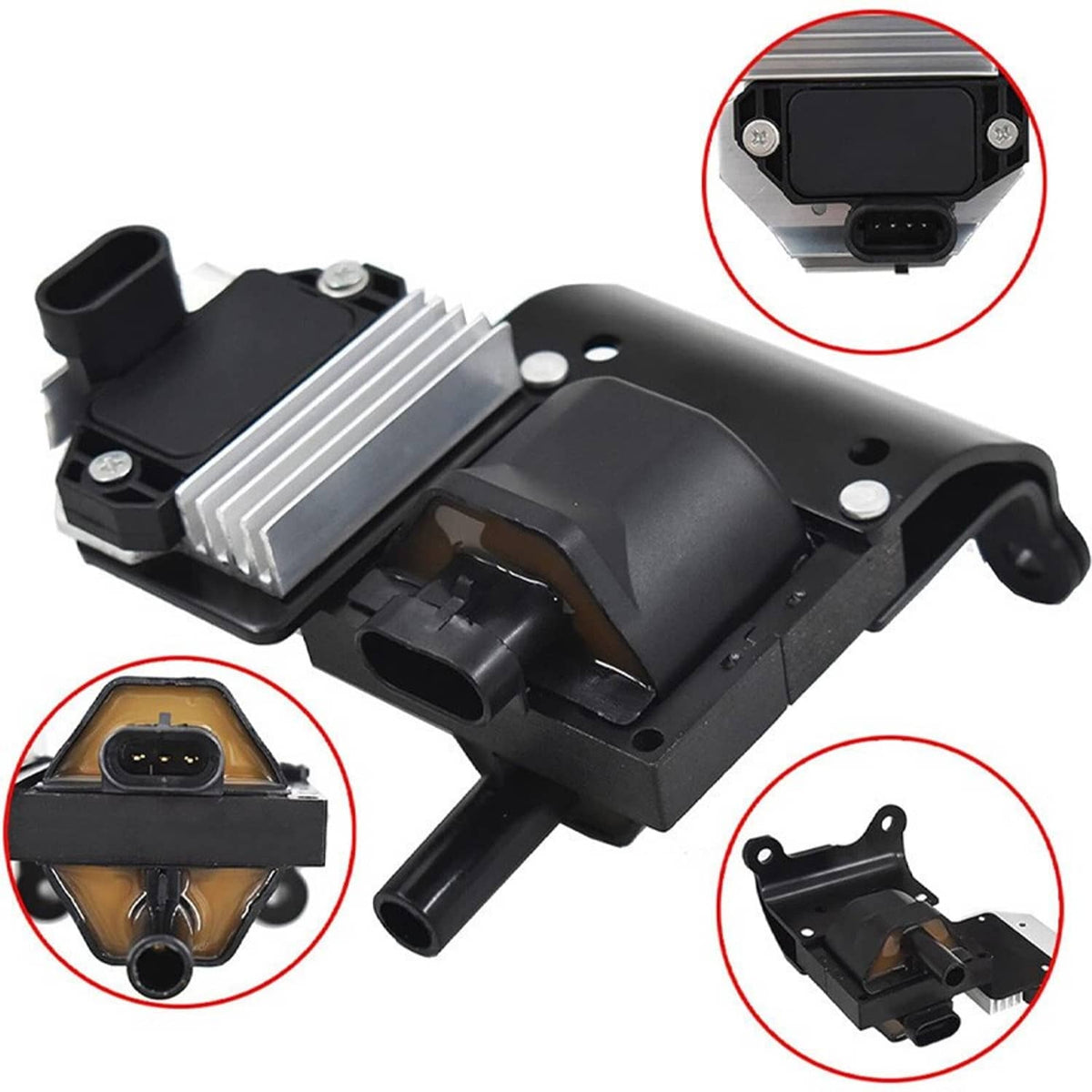 Black ignition coil module showing front connector housing and side wiring ports