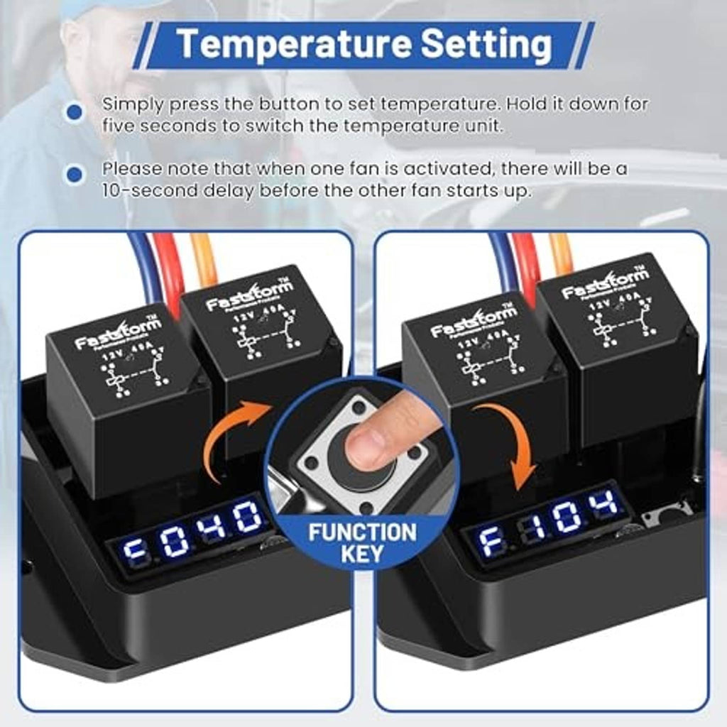 Digital fan switch module with temperature setting buttons and LED function key display
