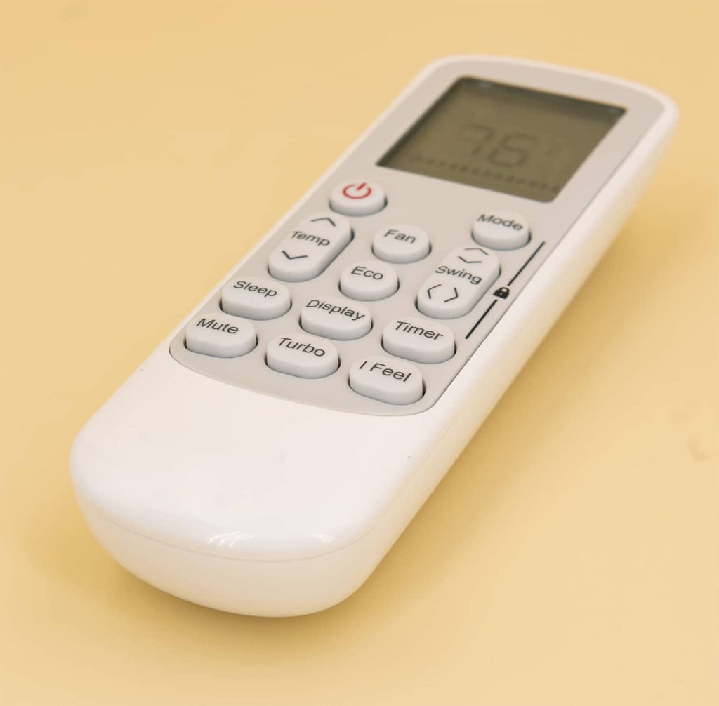 White air conditioner replacement remote control angled view with LCD and control buttons
