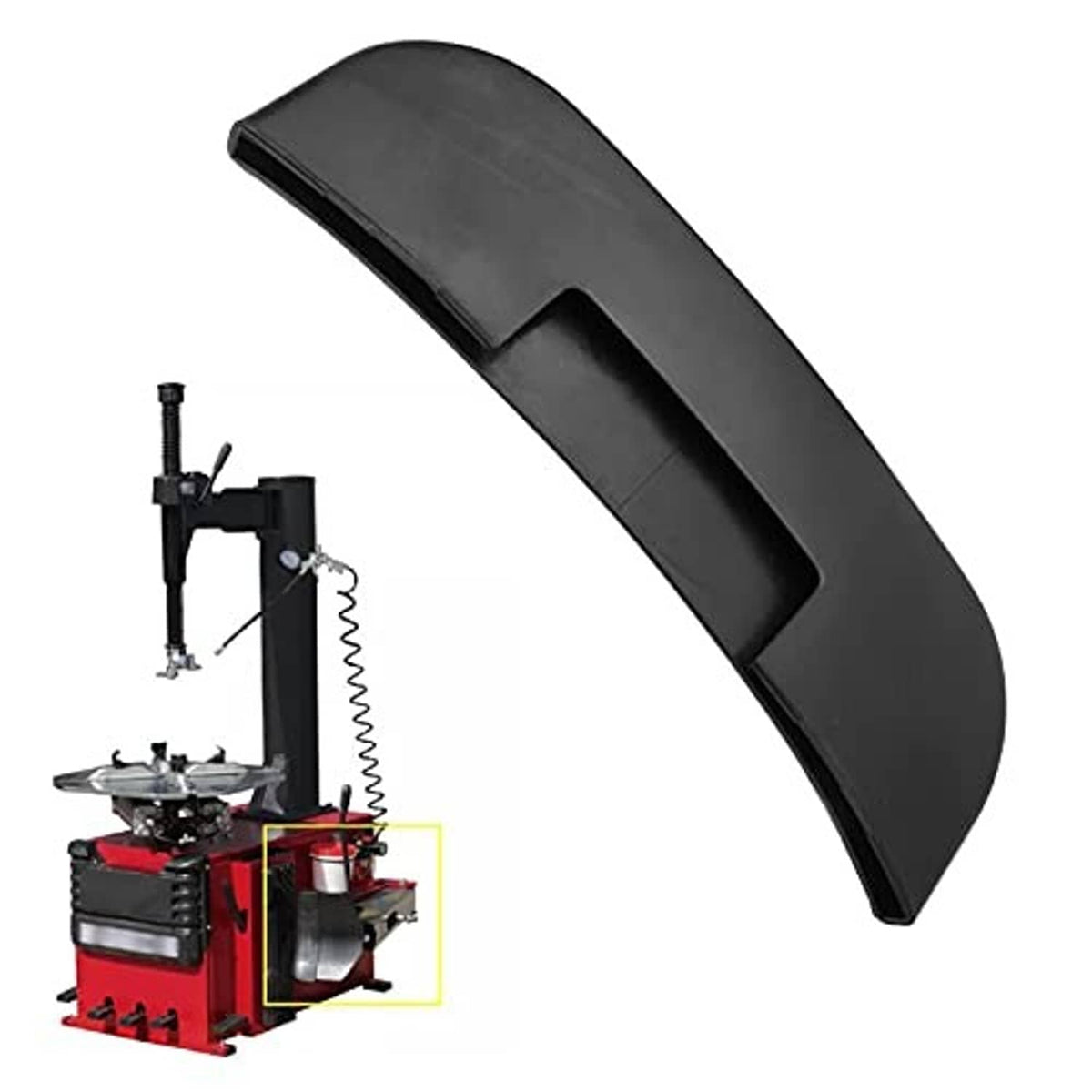 Black ABS rim protector sleeve with recessed channel slot, shown in use on tire changer