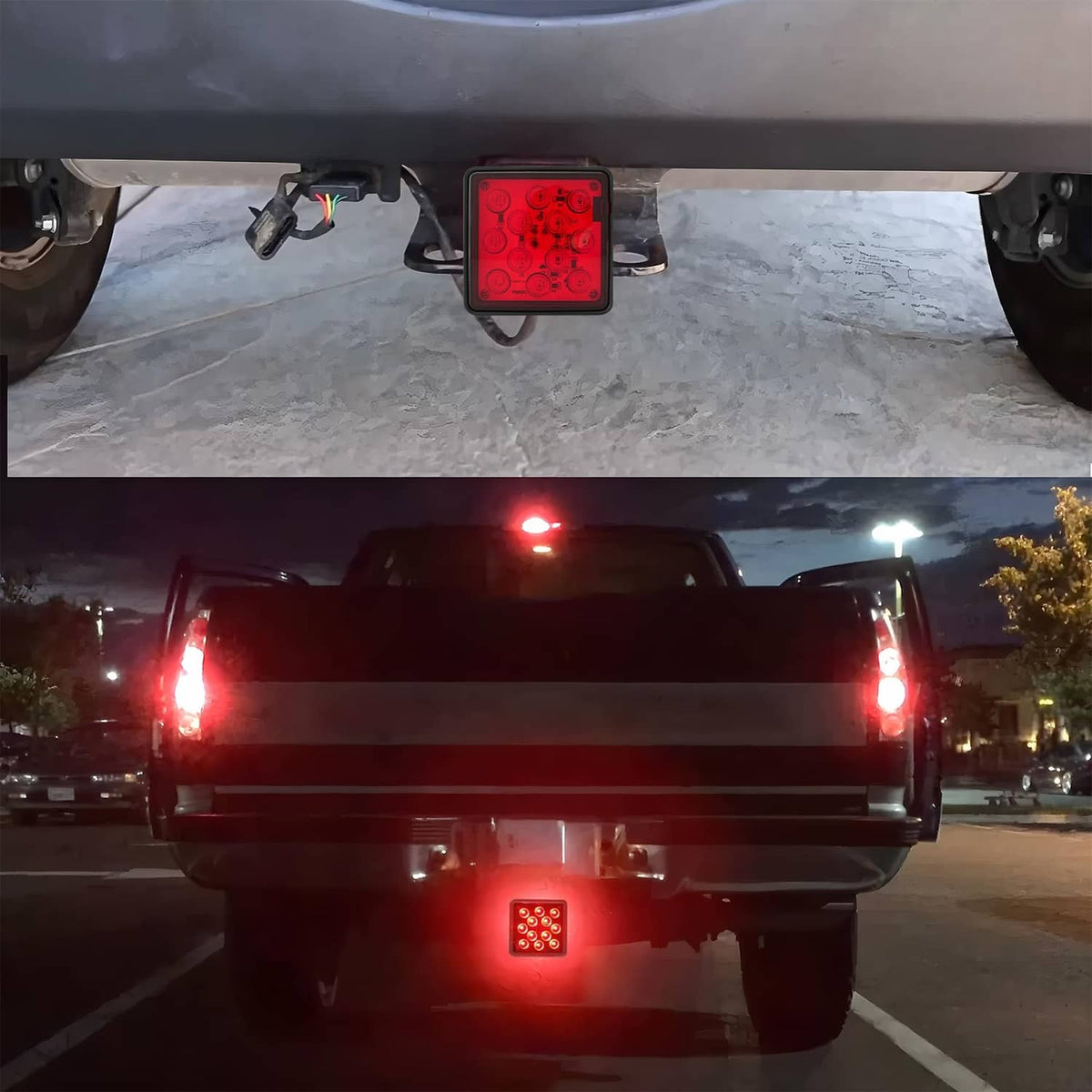 Trailer hitch cover brake light showing red glow under the hitch on a vehicle