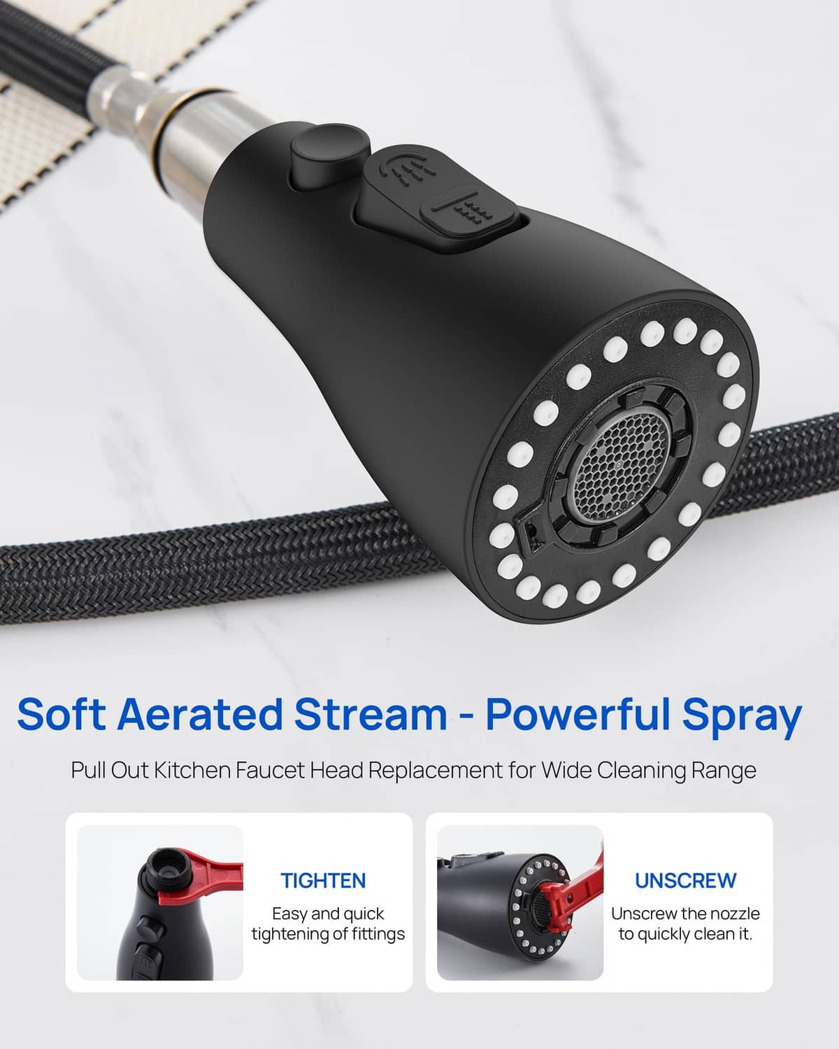 Matte black kitchen faucet sprayer head with circular spray face and hose