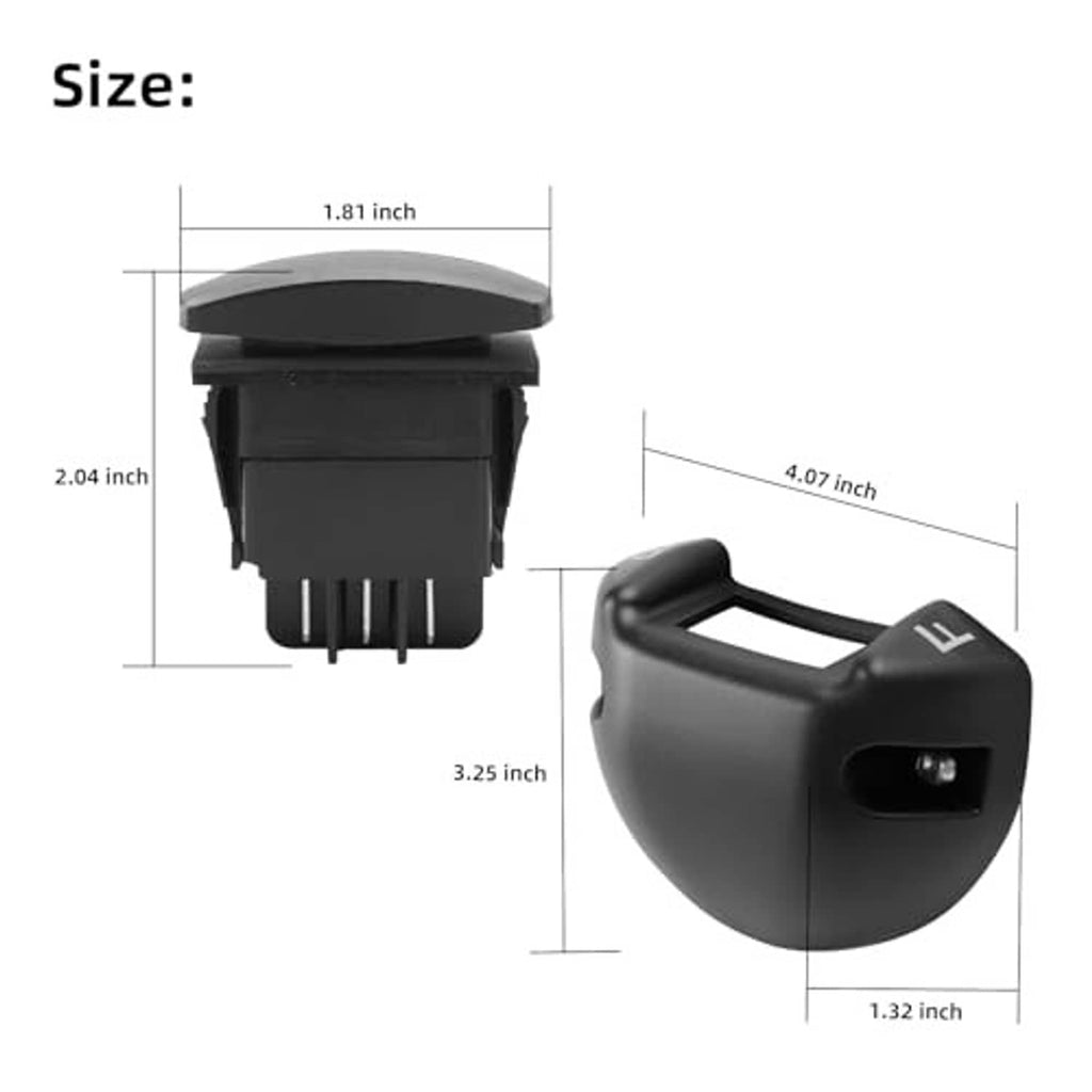 Black forward/reverse switch with housing, showing F and R symbols and dimensions