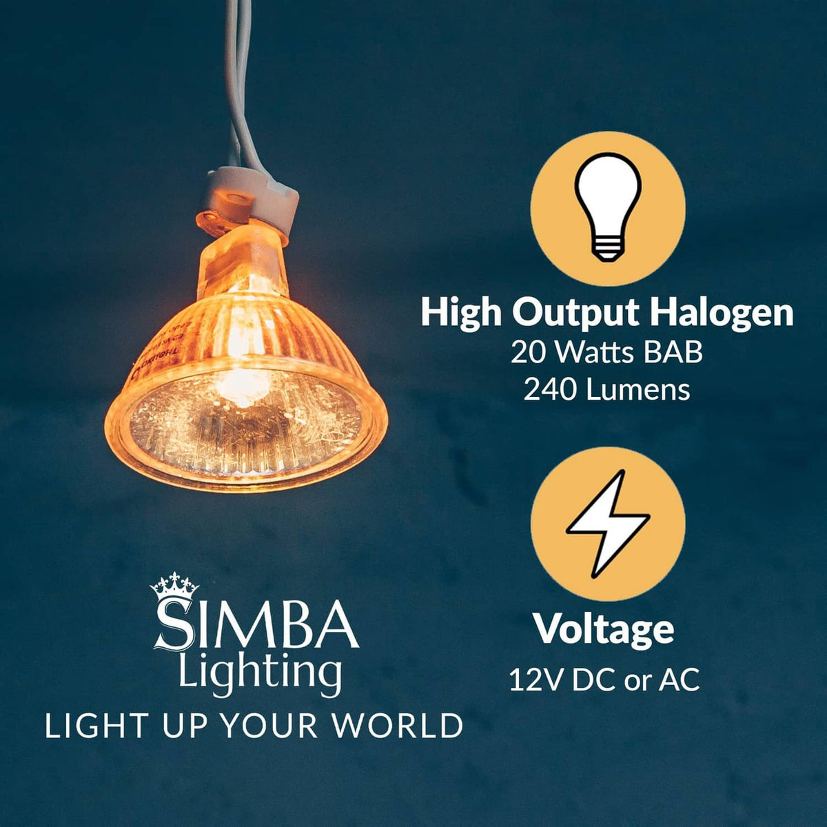 High-output MR16 halogen bulb with warm glow, GU5.3 bi-pin base