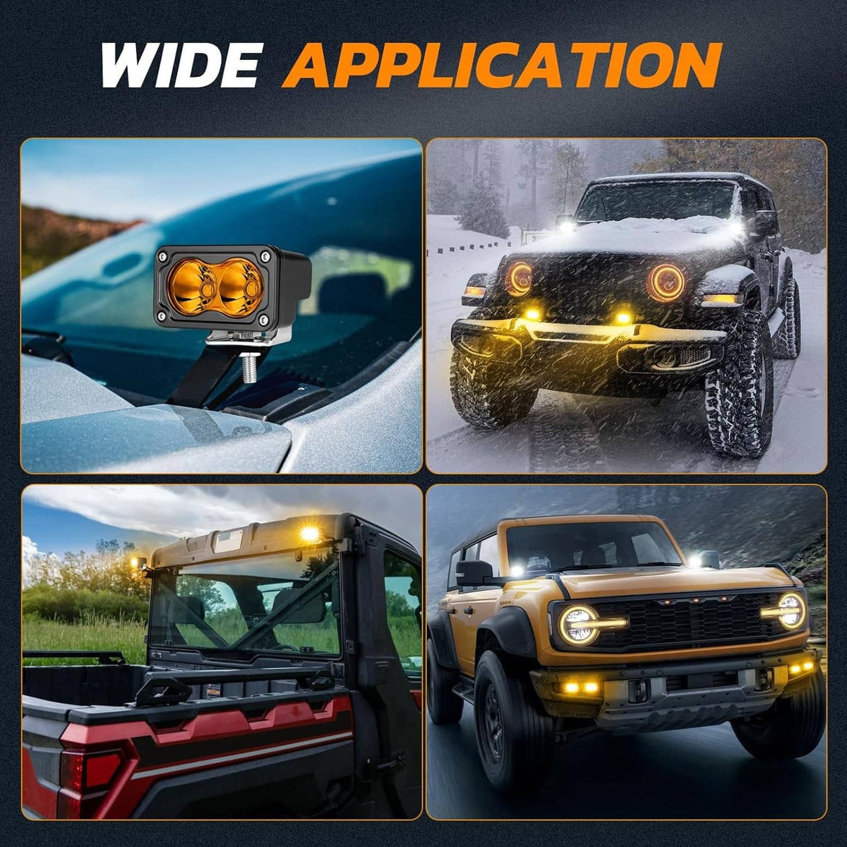 Amber LED pod spotlight with black housing mounted on vehicles, amber lens