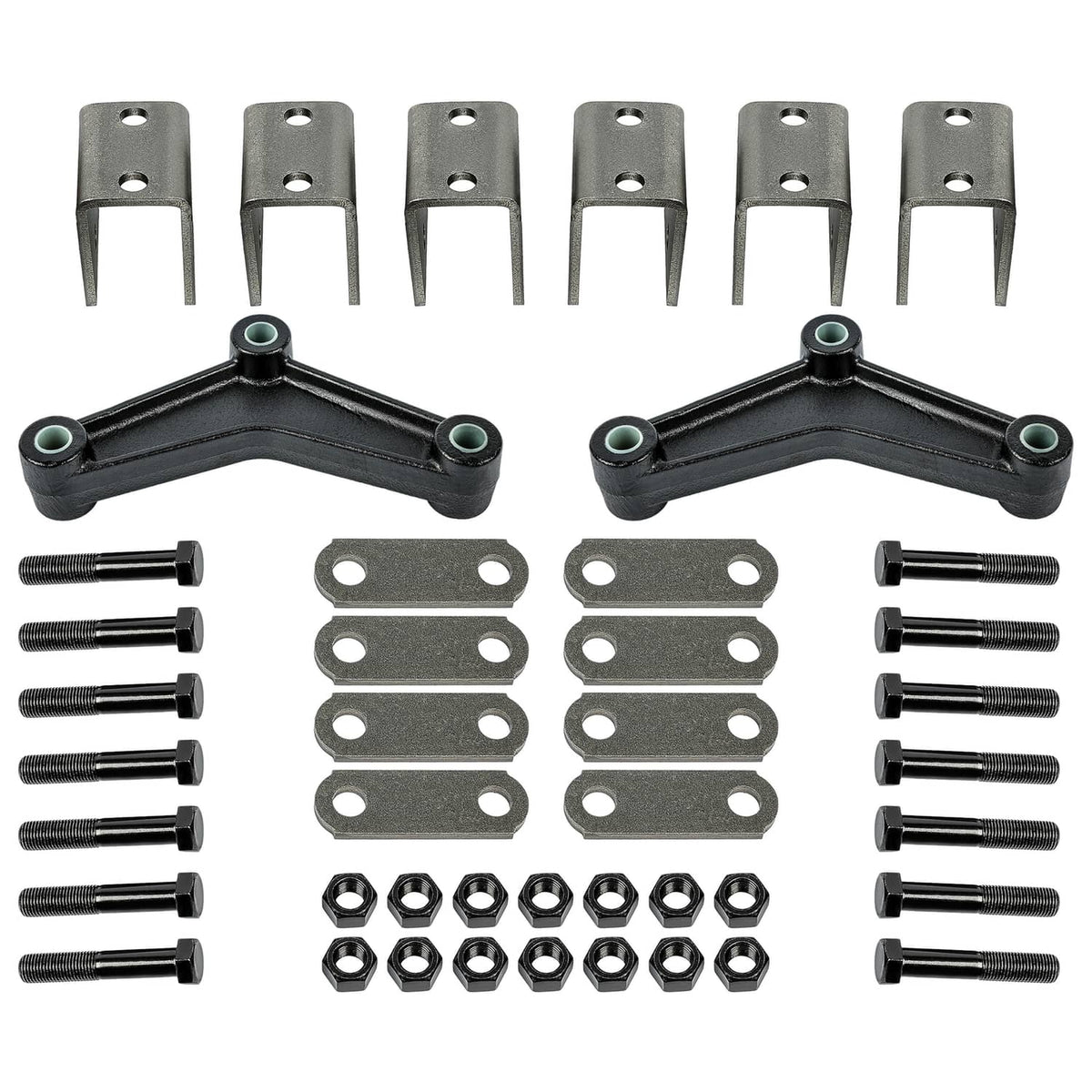 Leaf spring hanger kit parts set: brackets, bolts, nuts, and mounting hardware