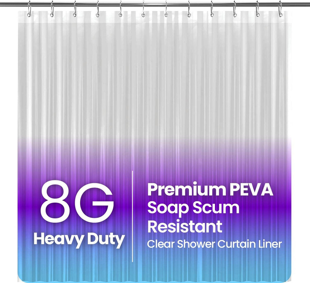 Clear PEVA shower curtain liner with 8G heavy-duty thickness, hanging with top hooks.