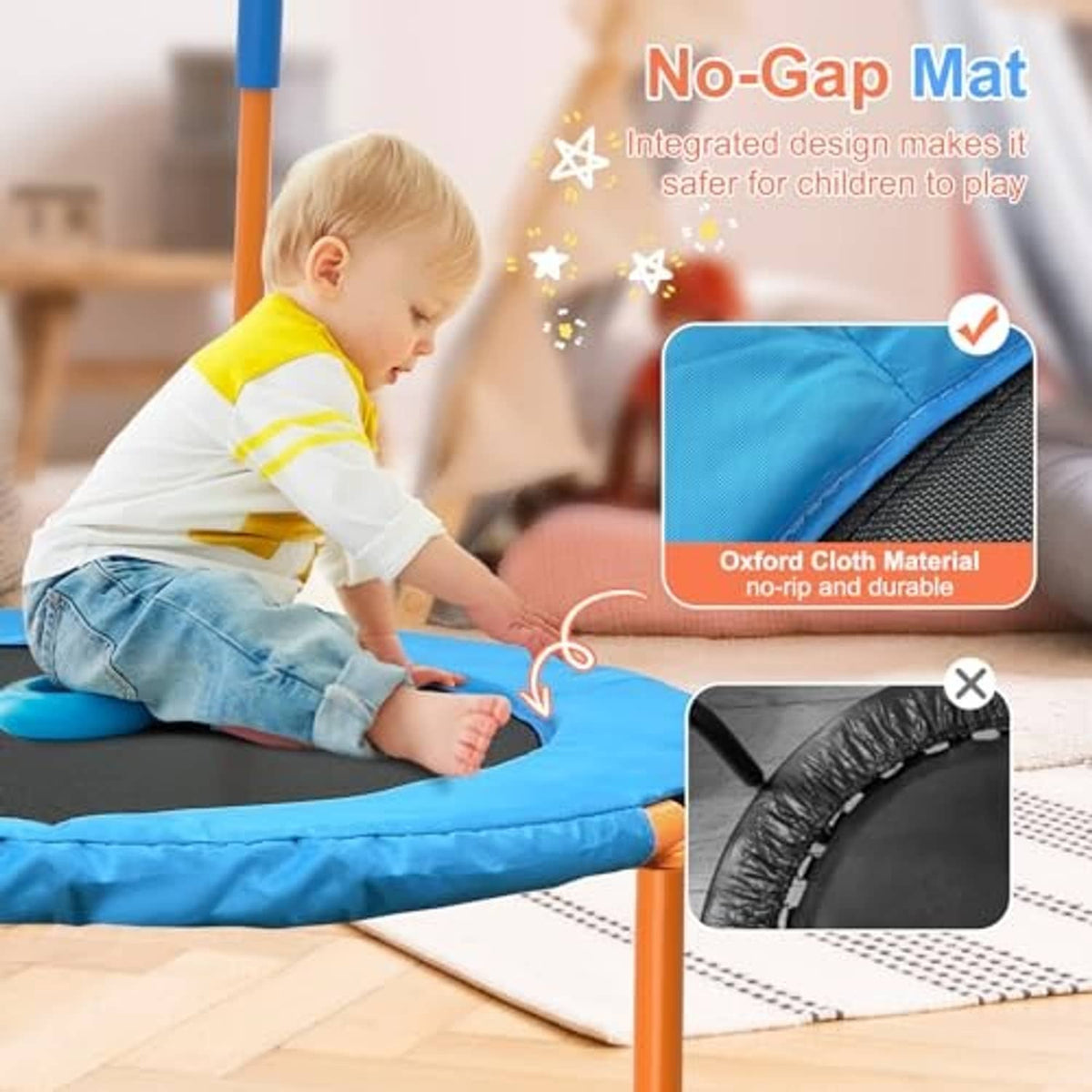Toddler trampoline with blue mat and orange frame legs; child kneeling on padded surface