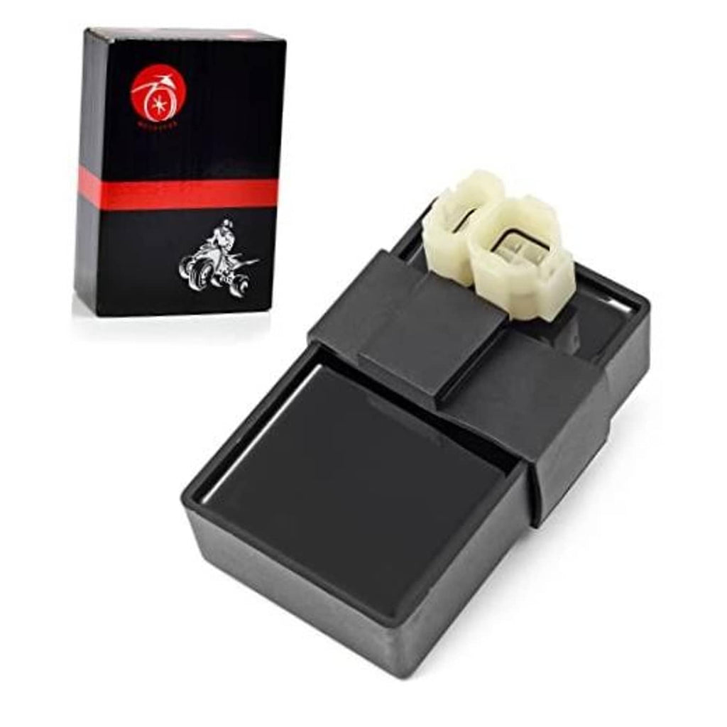 CDI ignition control module with black housing and red logo, includes wiring connector
