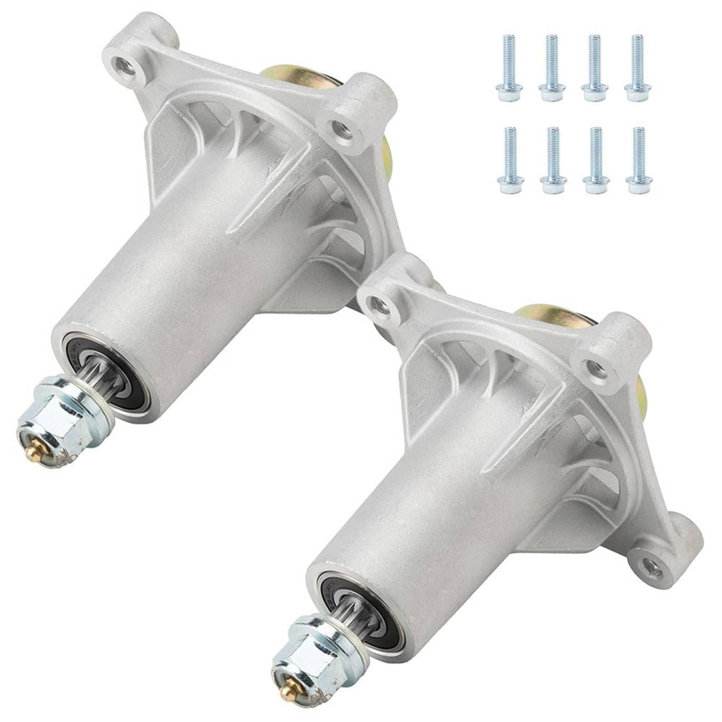 Pair of spindle assemblies with caster-style brackets, silver housing and end caps