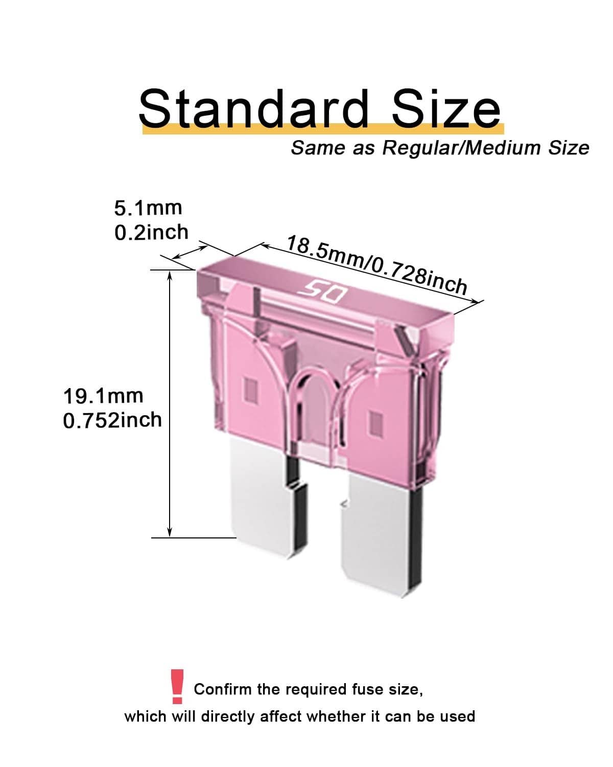 50A standard automotive blade fuse size diagram with labeled dimensions