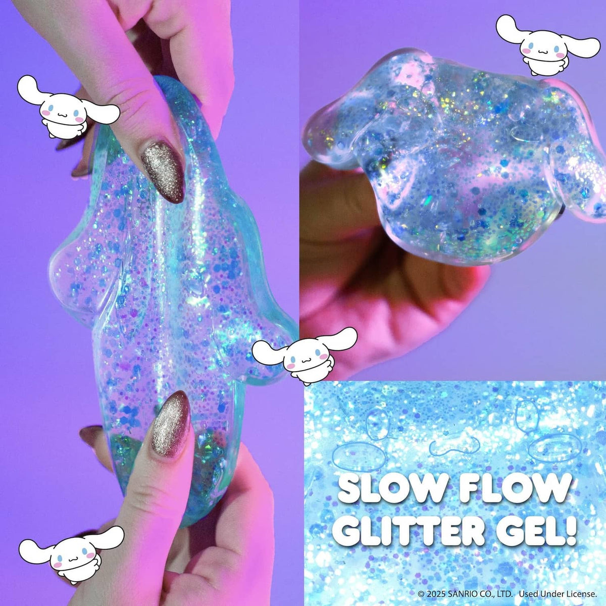 Clear blue glitter gel slime, held in hands; wobbly stretchy form