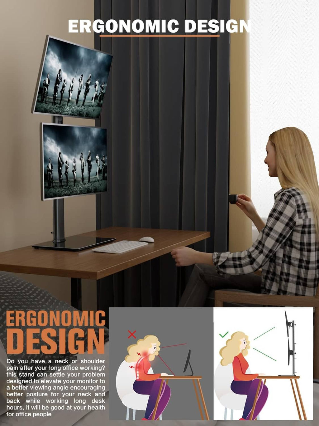 Ergonomic dual monitor stand riser with stacked screens and cable-ready pole