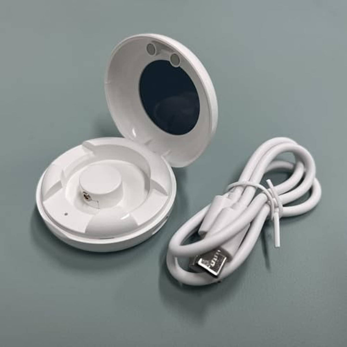 White charging case with open lid and charging cable, ring cradle visible
