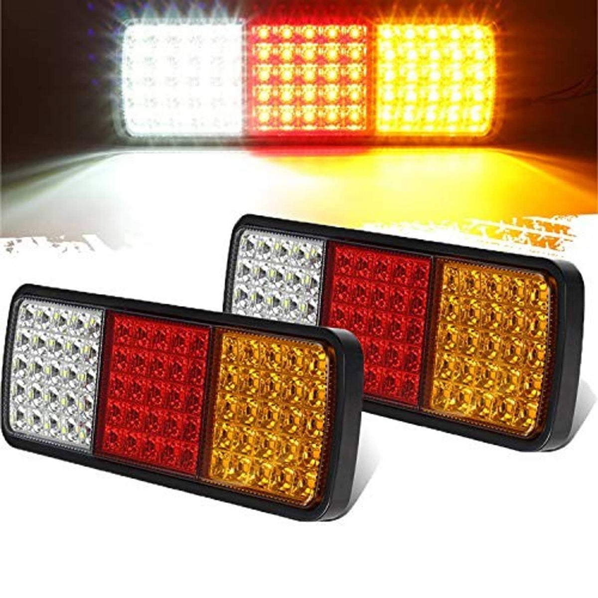Two rectangular LED tail light bars lit with white, red, and amber segments