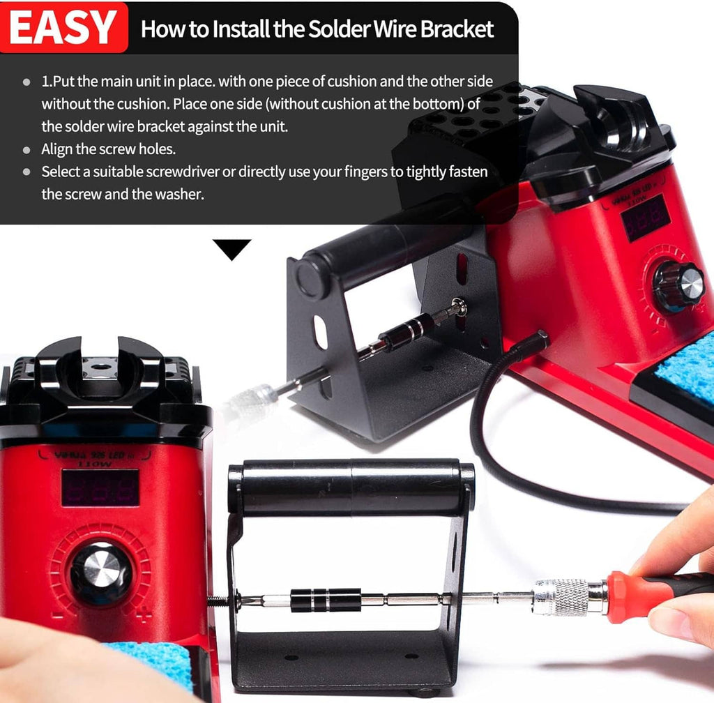 Red soldering station showing soldering tip, wire bracket, and securing metal frame