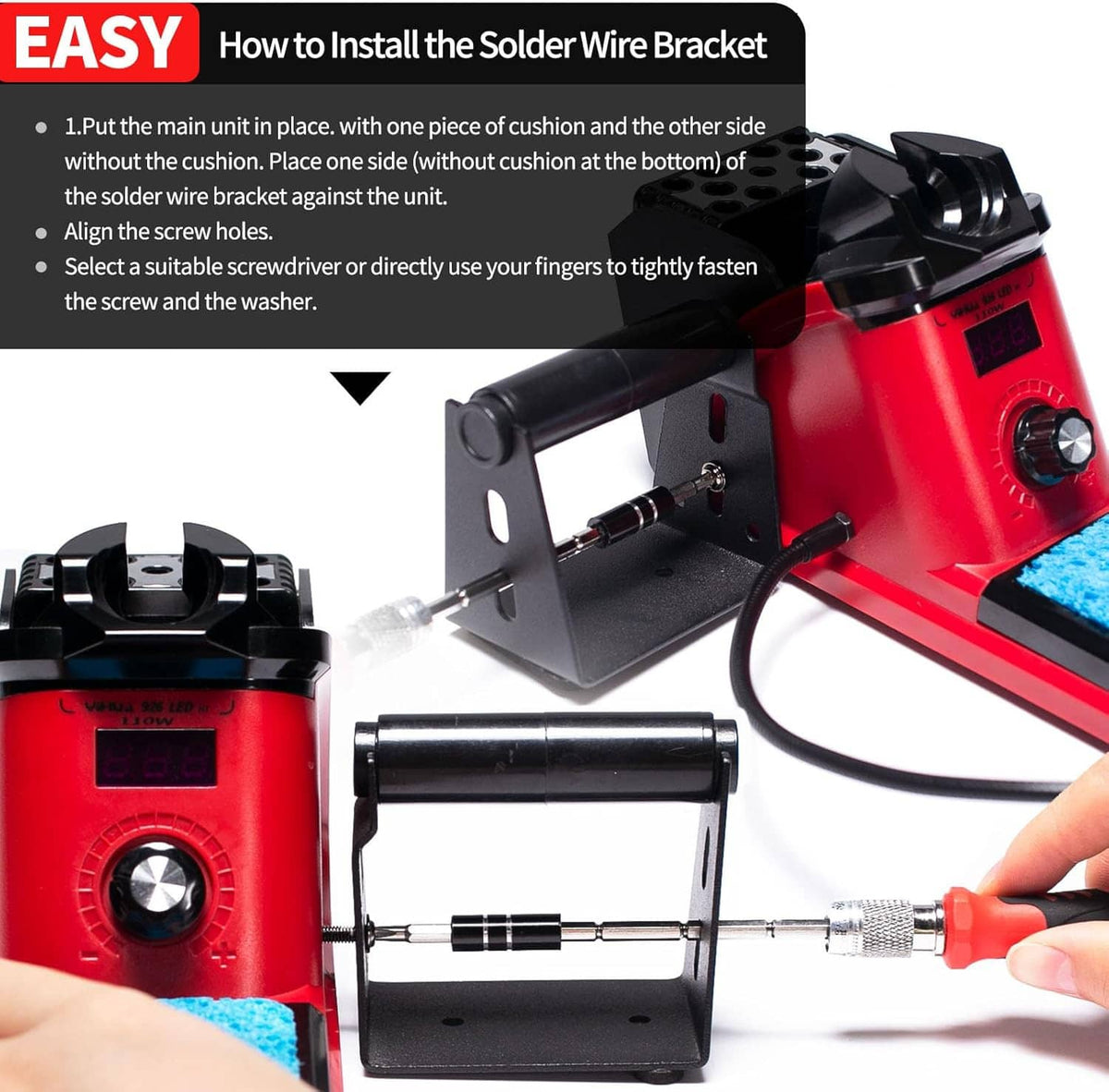 Red soldering station showing soldering tip, wire bracket, and securing metal frame