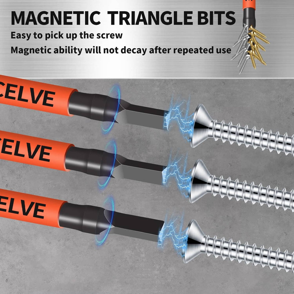 Triangle screwdriver bits with black-and-orange shafts driving into screws